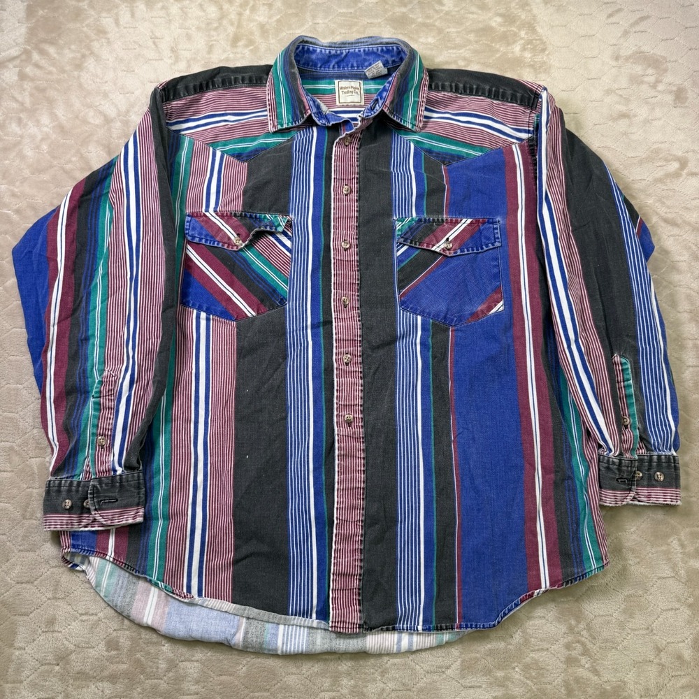 VTG Western Plains Trading Co. Men's XL‎ Striped Western Brushpopper Button Up